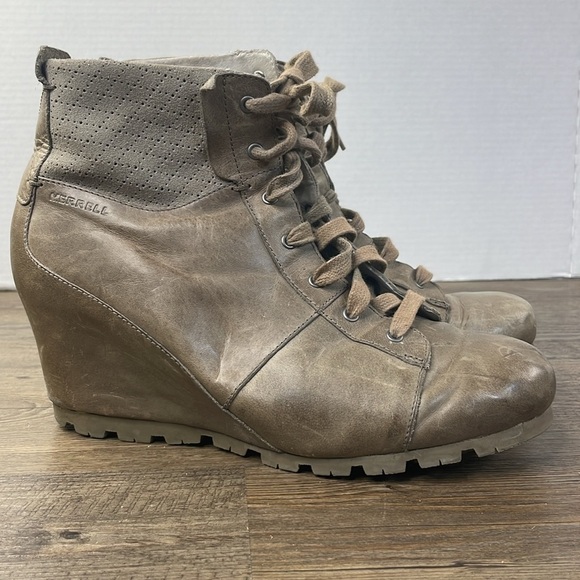 Merrell Womens Wedgetarian Lexi Taupe Grey Leather Hiking Style Boots, size 10.5 - Picture 4 of 12